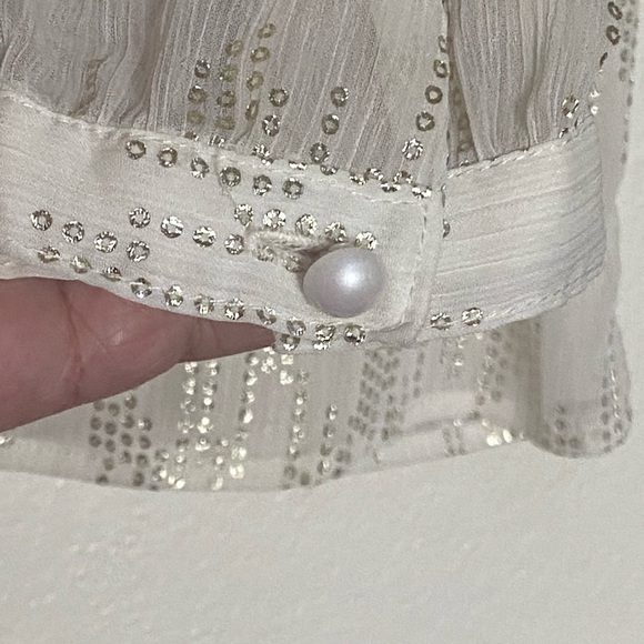 Christopher & Bank Blouse Glam Satin Ivory & Silver M Relax Long Sleeve Button - Picture 5 of 10